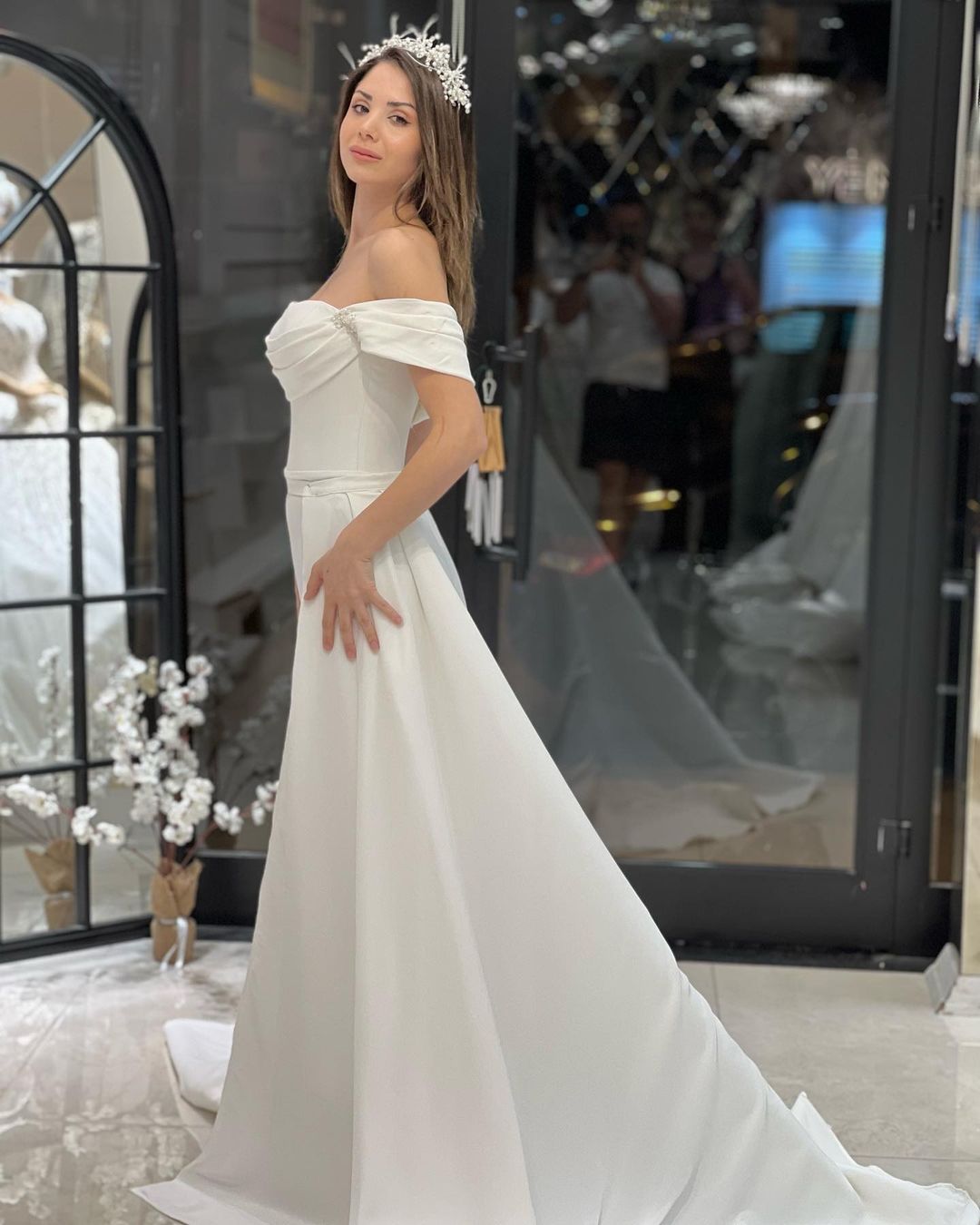 Exquisite Floor-Length Off-The-Shoulder A-Line Satin Wedding Dress with Beads