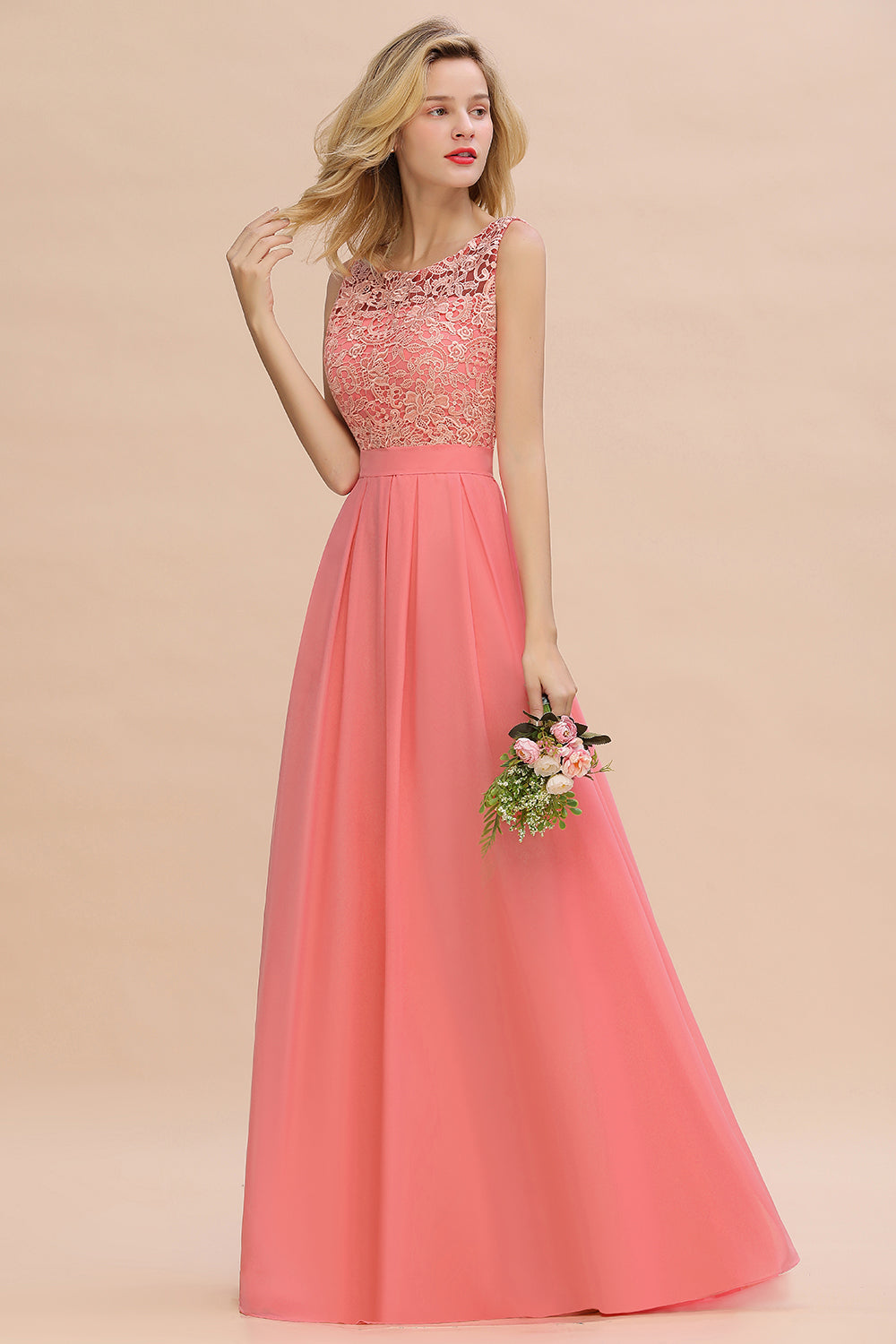 Exquisite Lace Scoop Sleeveless Bridesmaid dresses with Ruffle