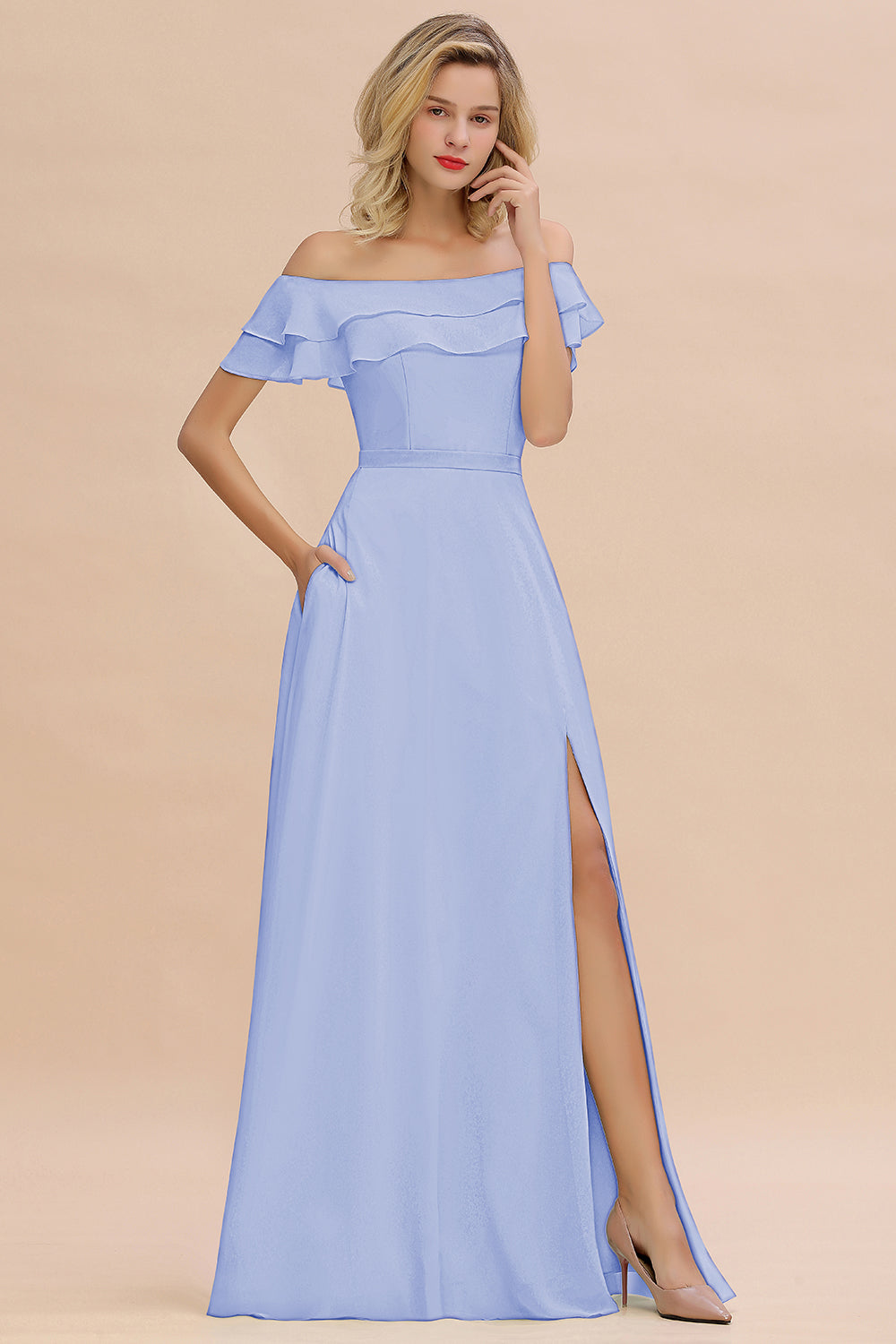 Exquisite Off-the-shoulder Slit Mint Green Bridesmaid Dresses With Pockets