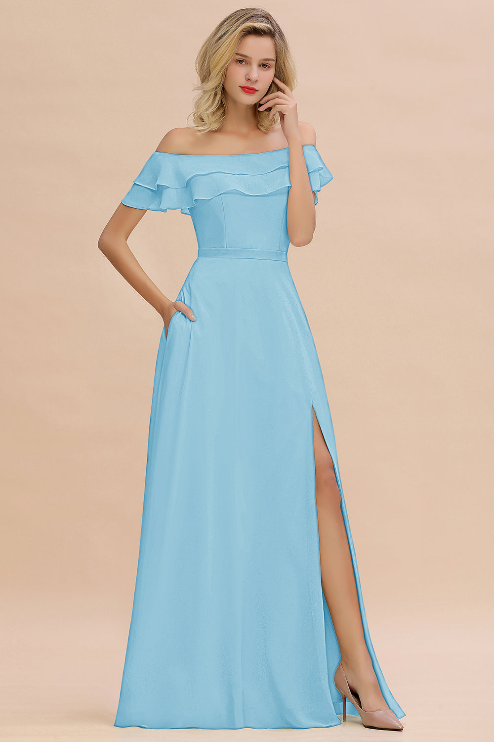 Exquisite Off-the-shoulder Slit Mint Green Bridesmaid Dresses With Pockets