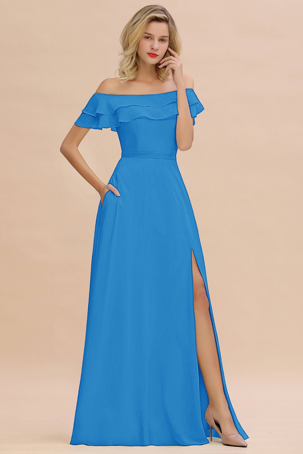 Exquisite Off-the-shoulder Slit Mint Green Bridesmaid Dresses With Pockets