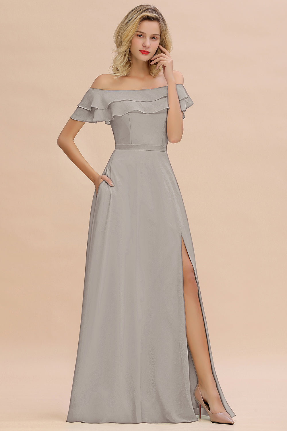 Exquisite Off-the-shoulder Slit Mint Green Bridesmaid Dresses With Pockets