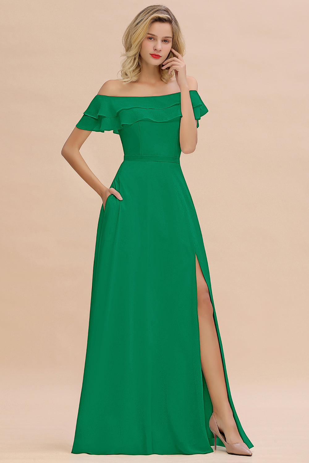 Exquisite Off-the-shoulder Slit Mint Green Bridesmaid Dresses With Pockets