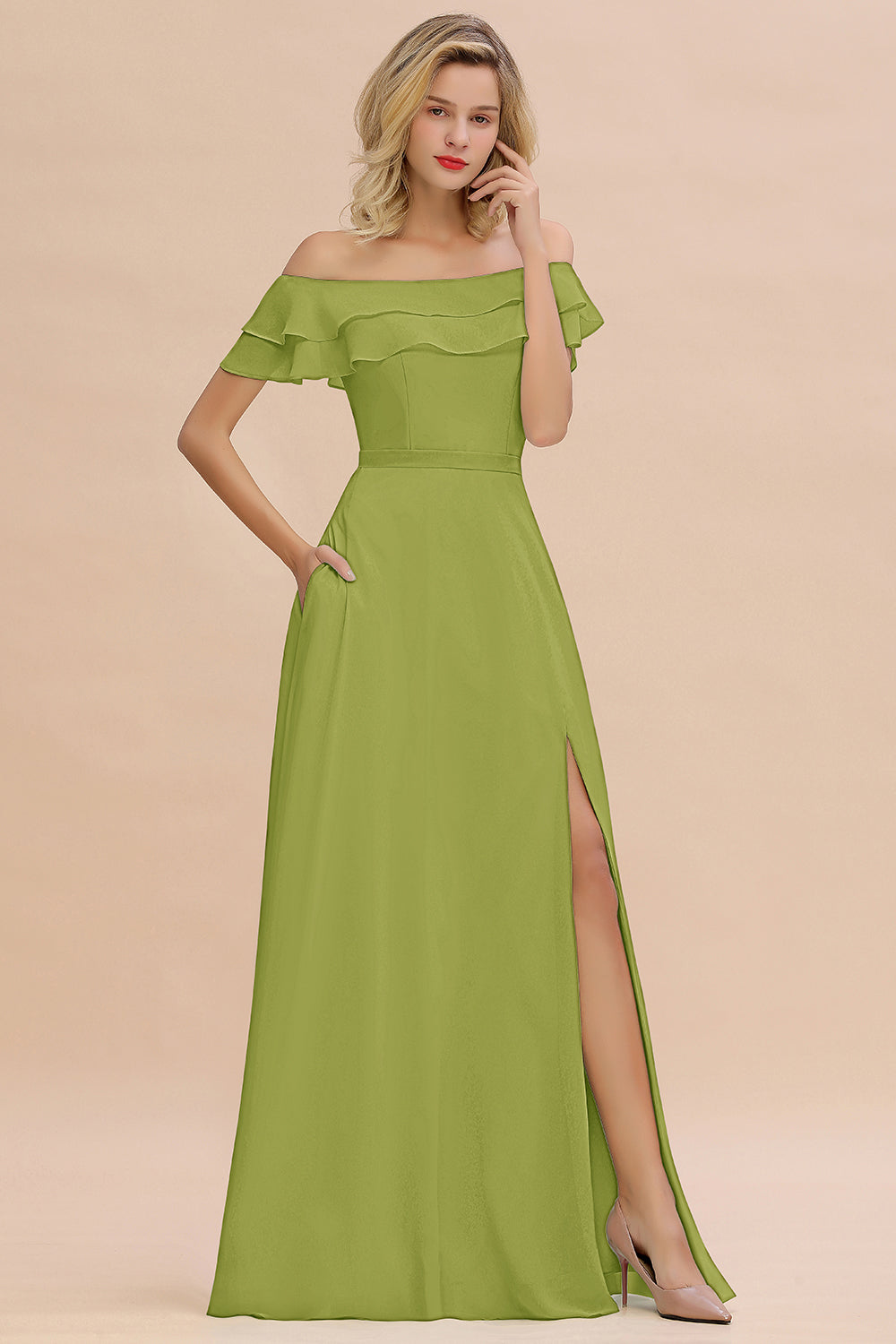 Exquisite Off-the-shoulder Slit Mint Green Bridesmaid Dresses With Pockets