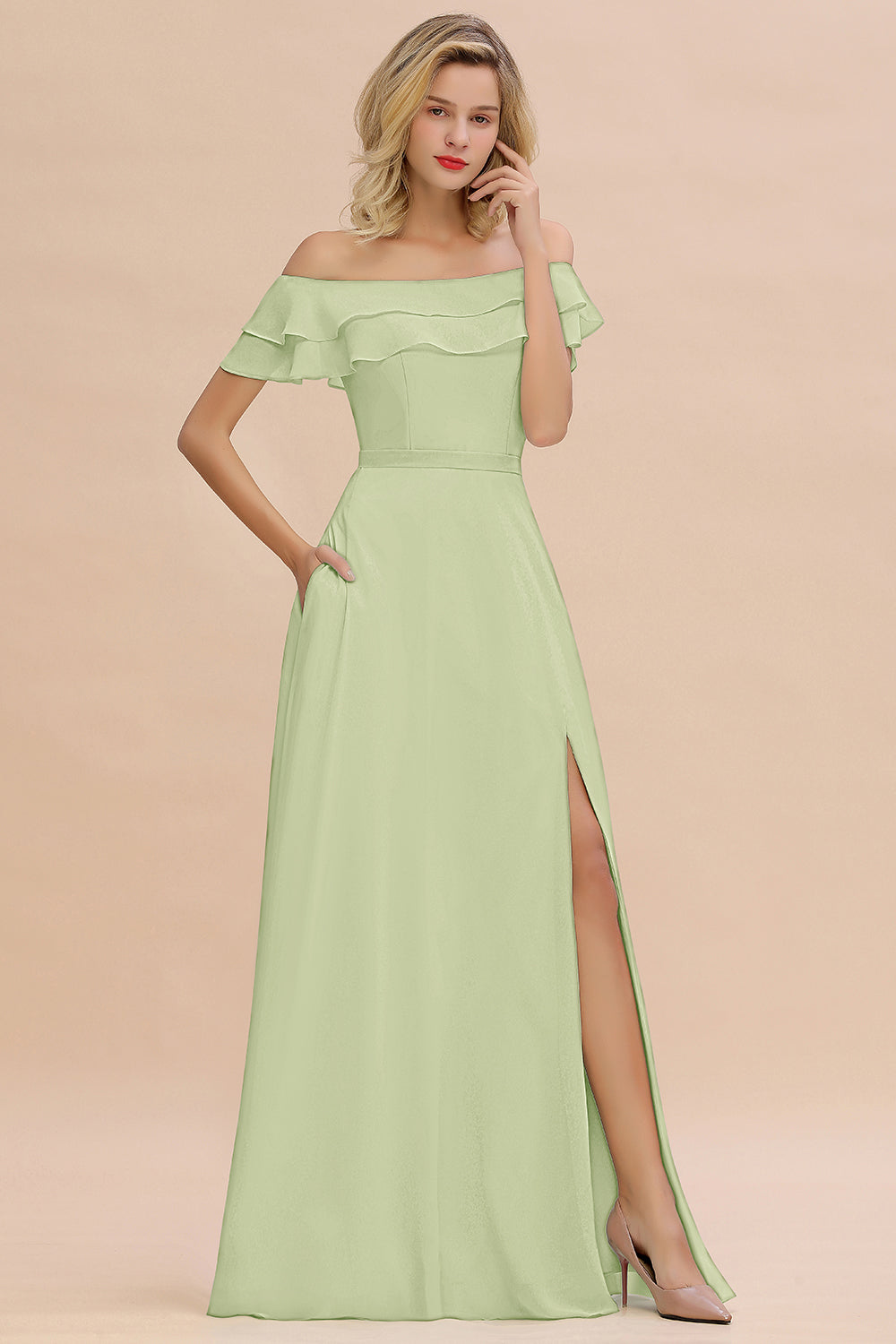 Exquisite Off-the-shoulder Slit Mint Green Bridesmaid Dresses With Pockets