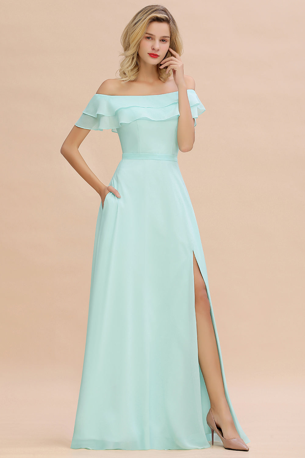 Exquisite Off-the-shoulder Slit Mint Green Bridesmaid Dresses With Pockets