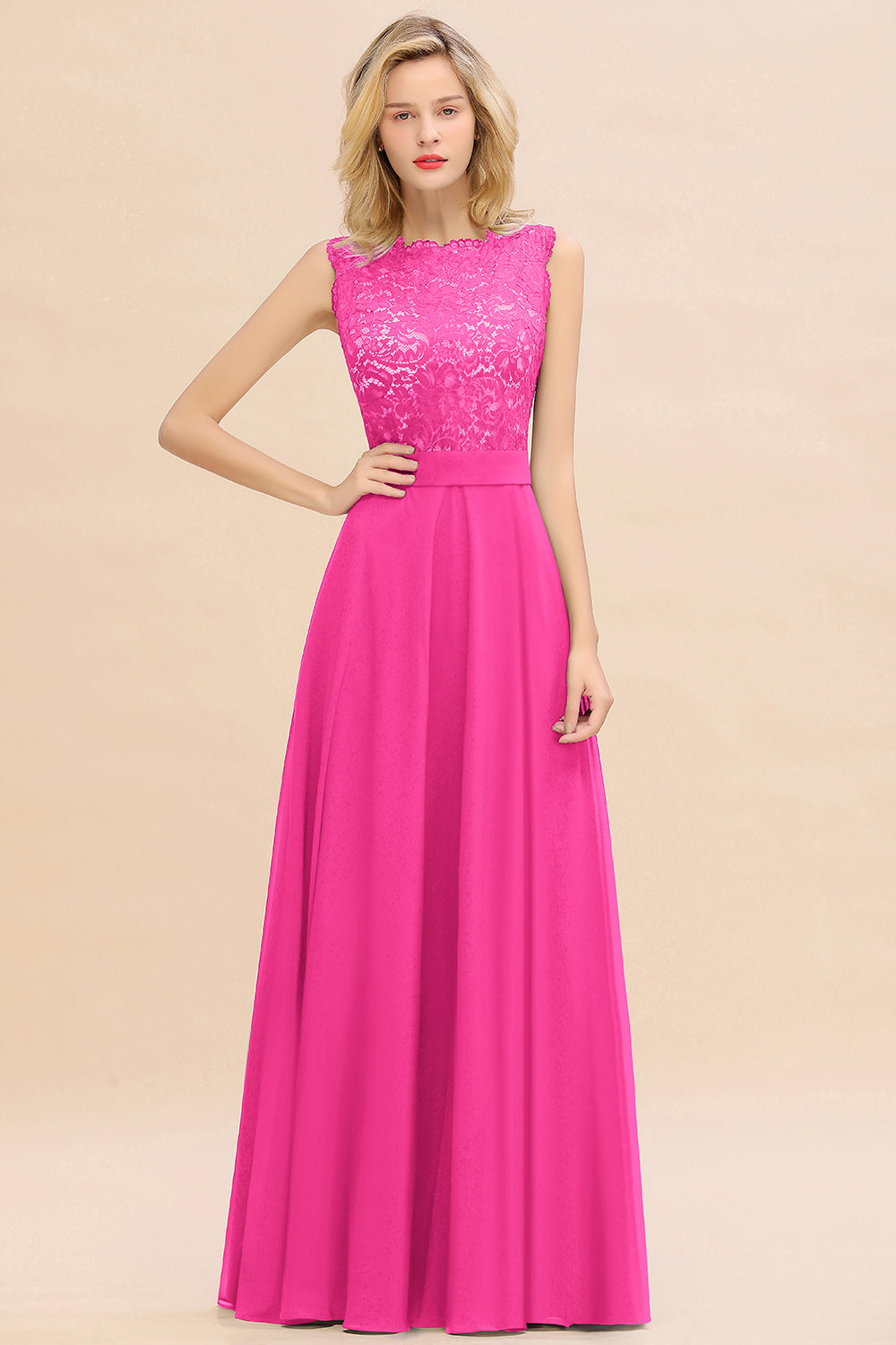 Exquisite Scoop Chiffon Lace Bridesmaid dresses with V-Back