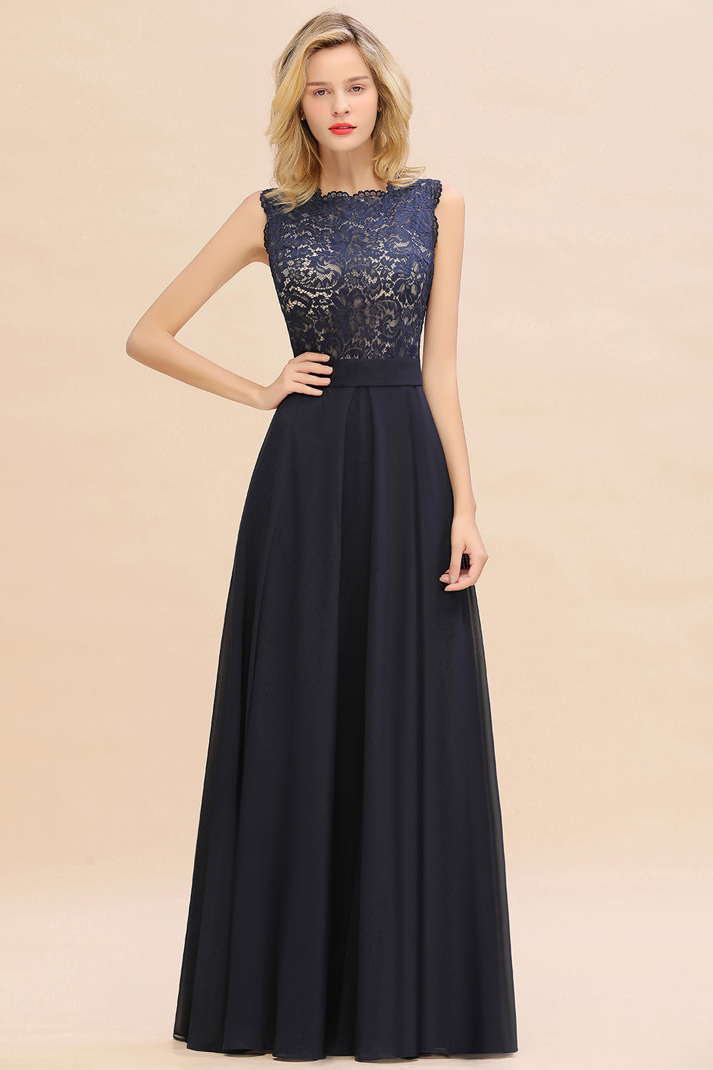 Exquisite Scoop Chiffon Lace Bridesmaid dresses with V-Back