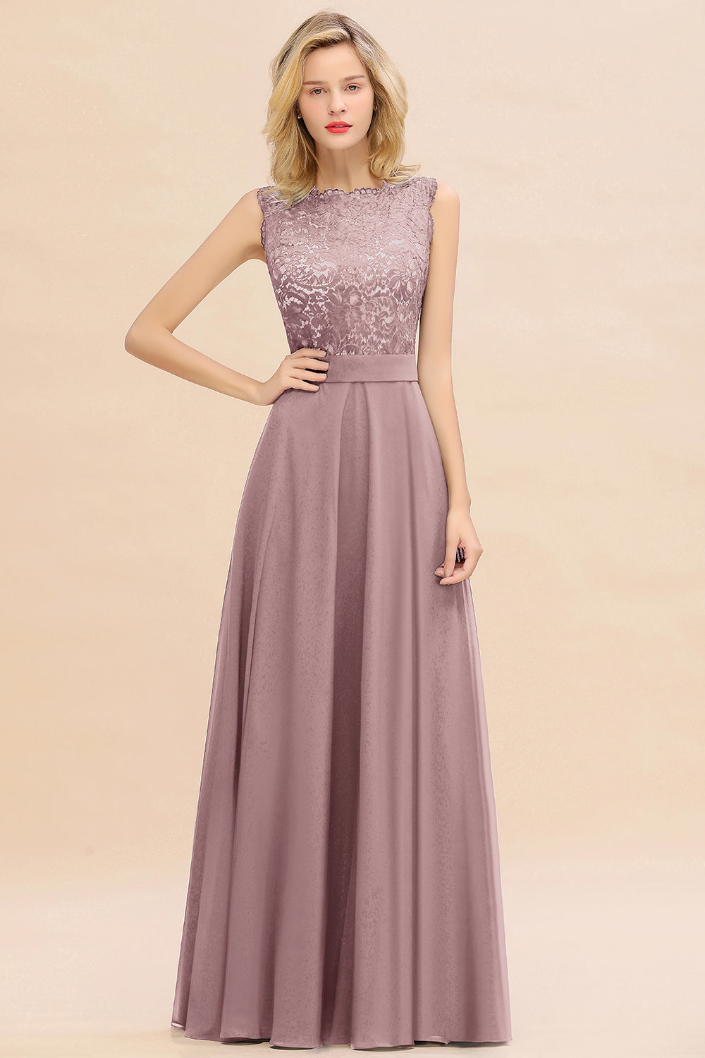 Exquisite Scoop Chiffon Lace Bridesmaid dresses with V-Back