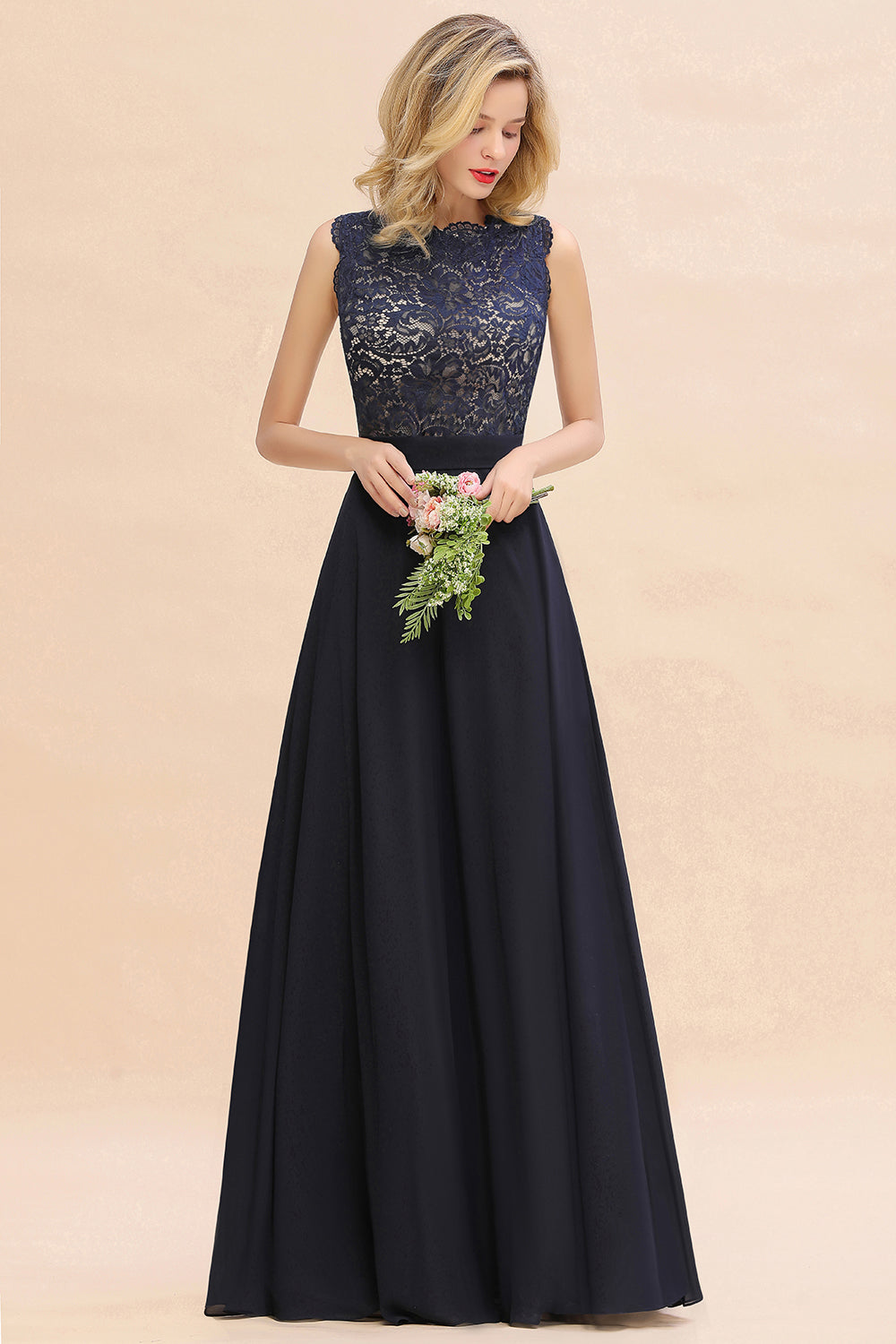 Exquisite Scoop Chiffon Lace Bridesmaid dresses with V-Back