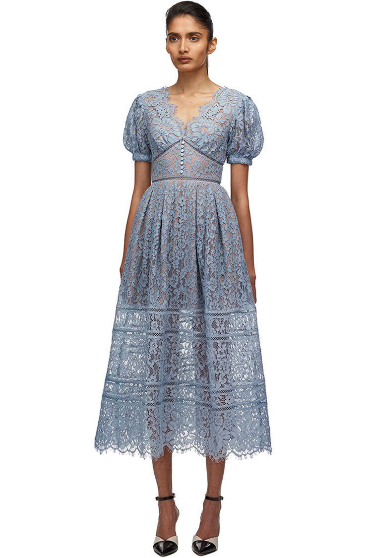 Eyelash V Neck Puff Sleeve French Lace A-Line Midi Dress - Sky Blue