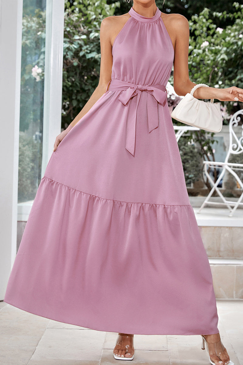 Elegant Solid Halter Neck Lace-up Maxi Dress