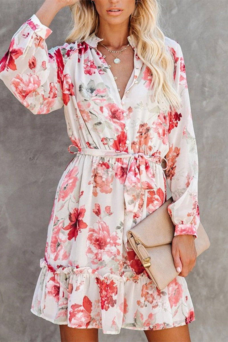 O  Neck Floral  Printed  Long-sleeved  Mini  Dress