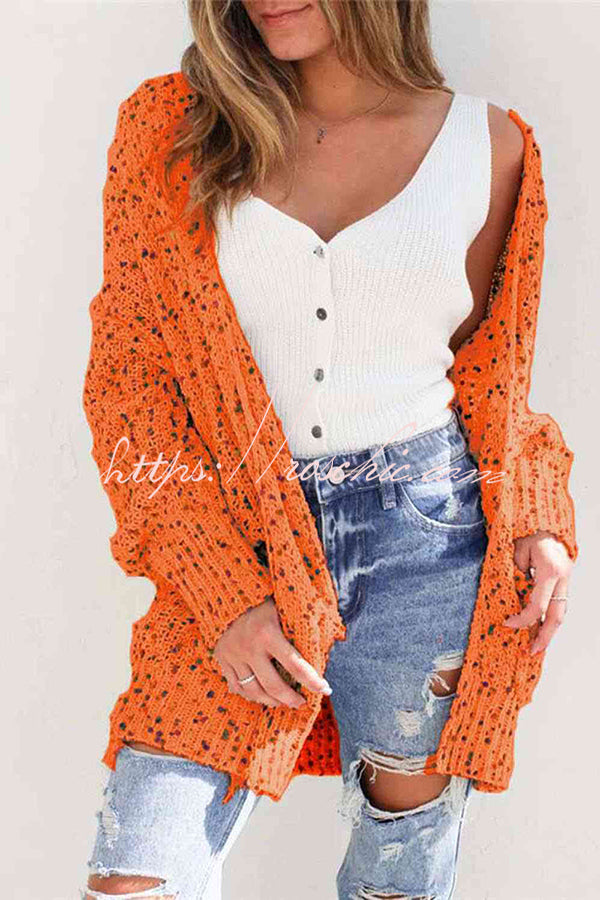 Aminga Colorful Spotted Pocket Crochet Long Sleeved Cardigan