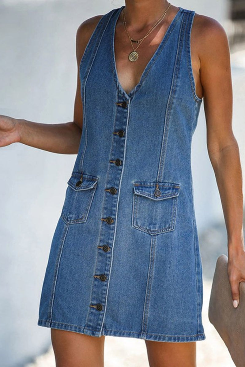 V-neck Open Back Denim Vest Mini Dress