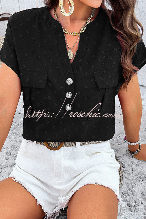 Simple Embroidered V Neck Pocket Button Down Short Sleeved Shirt