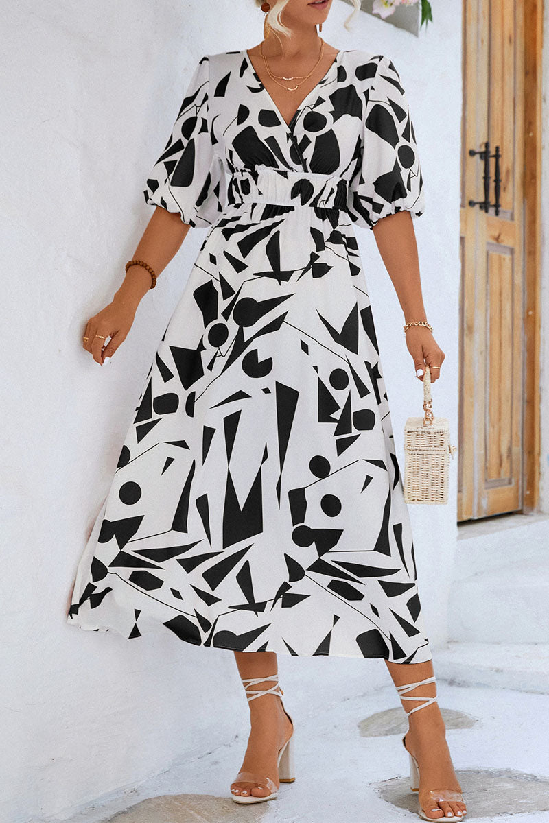 Print V Neck Beach Bubble Sleeve Midi Dress