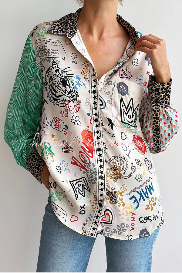 Unique Graffiti Print Patchwork Pocket Loose Shirt