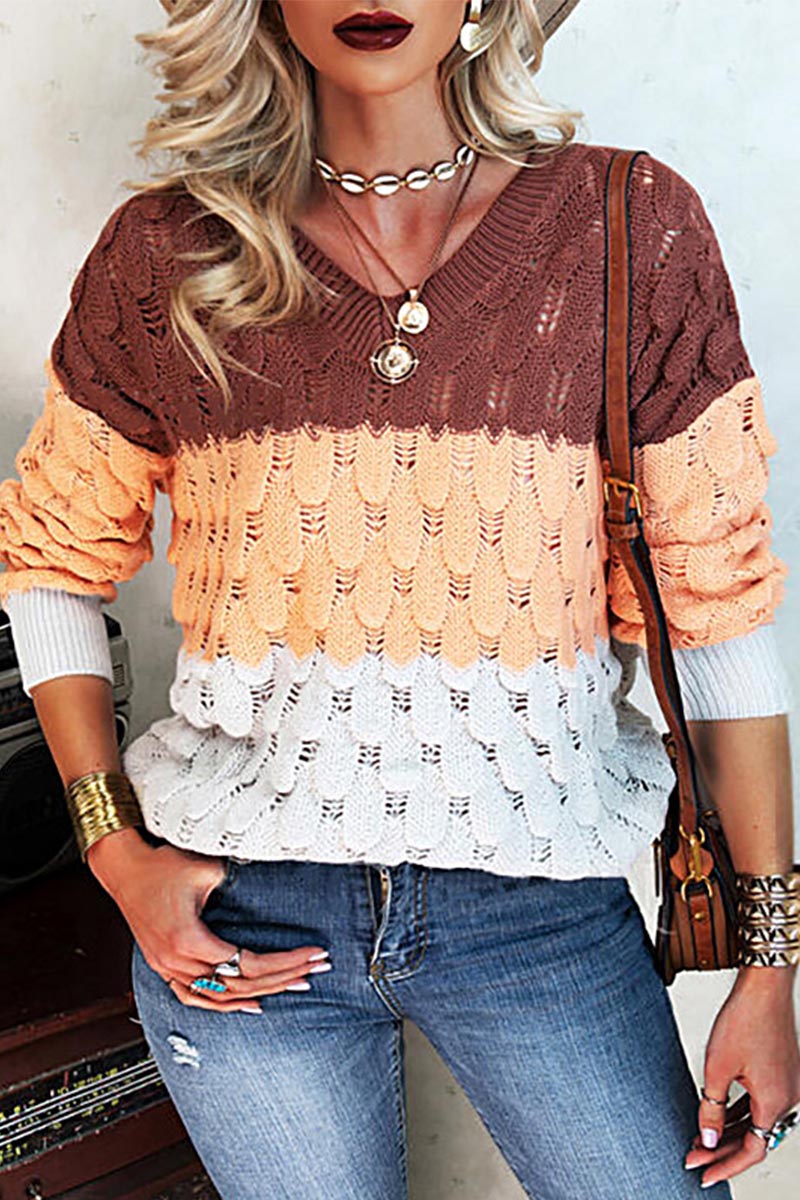 V-Neck Patchwork Casual Sweater