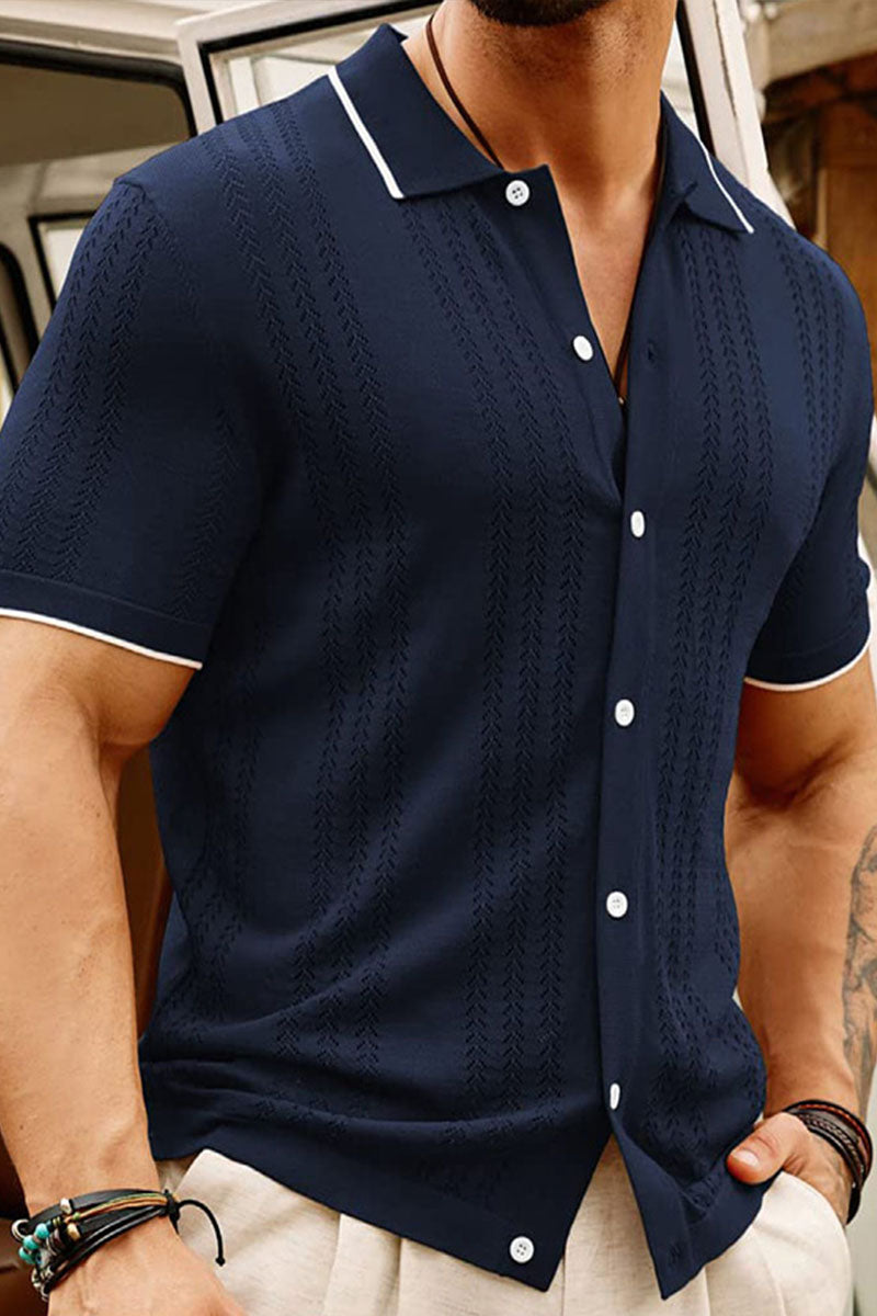 Summer Men's Business Casual Figure 8 Textured Polo Neck Short Sleeve Cardigan