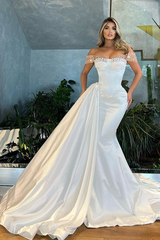 White Off-the-Shoulder Pearl Satin Mermaid Bridal Gown with Ruffles