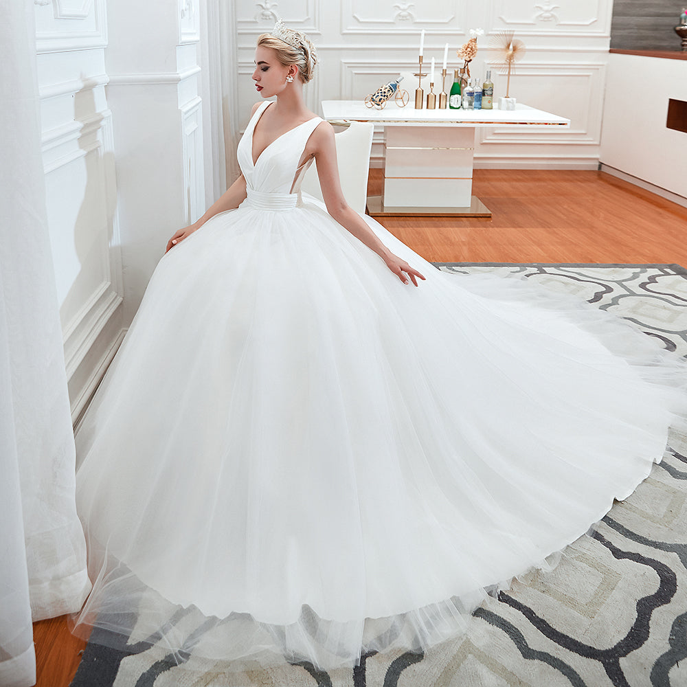 Wide Strap Deep V-Neck Floor-Length A-Line Bridal Gown with Tulle