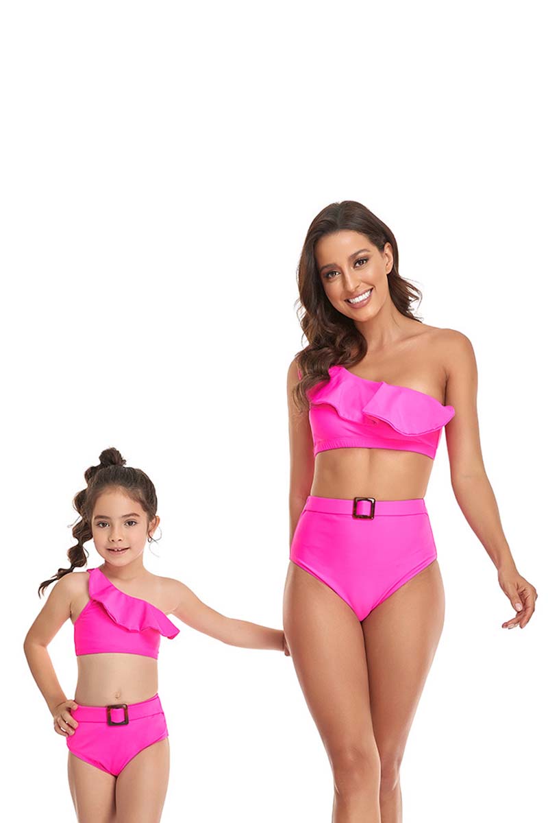 One Shoulder Ruffle Solid Print Parent-child Two Pieces Swimsuit