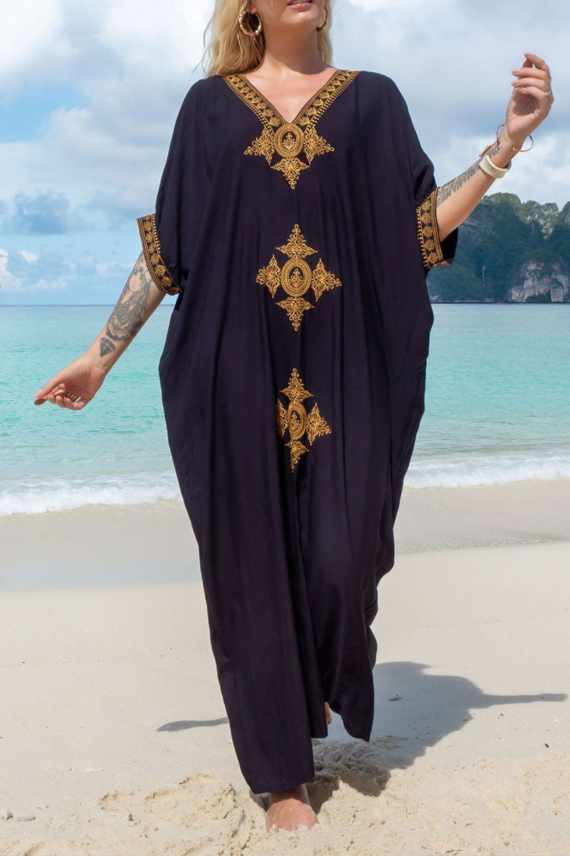 Beach Vacation Gold Embroidered Cover Up Dress