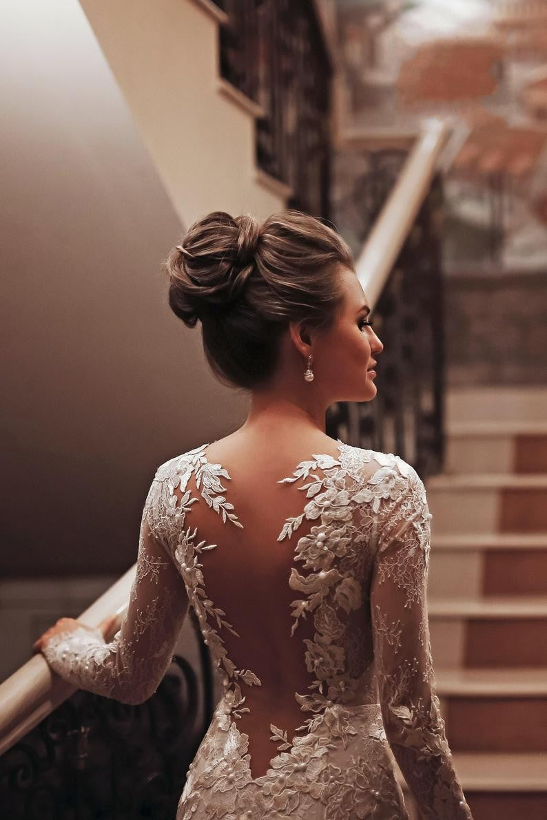 Unique Long Sleeve High Neck Backless Mermaid Bridal Gown with Lace Appliques