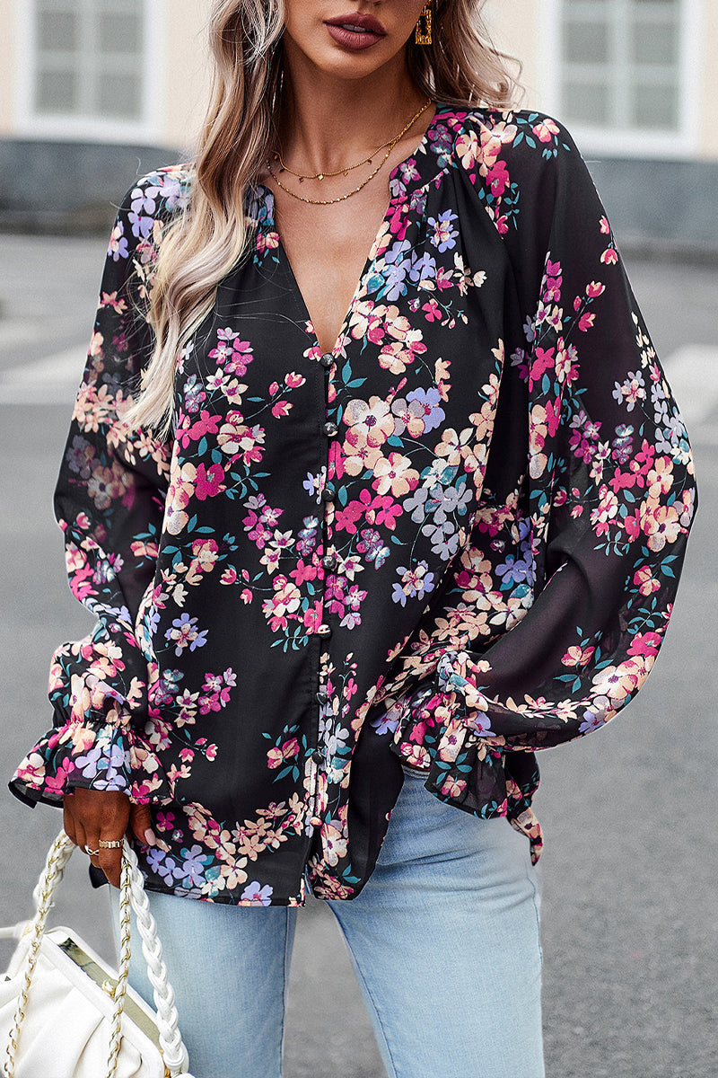 V-neck Floral Chiffon Shirt