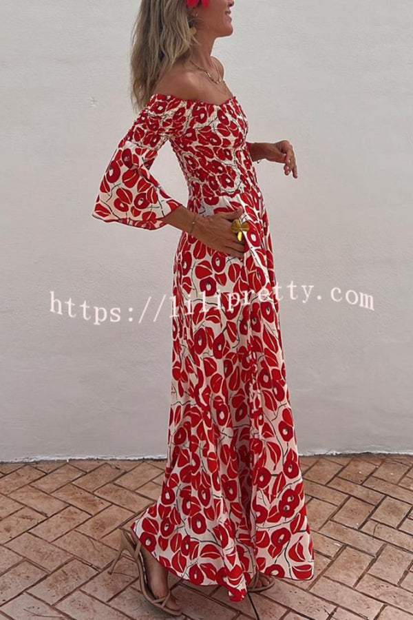 Close To The Vacation Floral Print Smocked Off Shoulder Pocketed Maxi Dress - Fashionpara