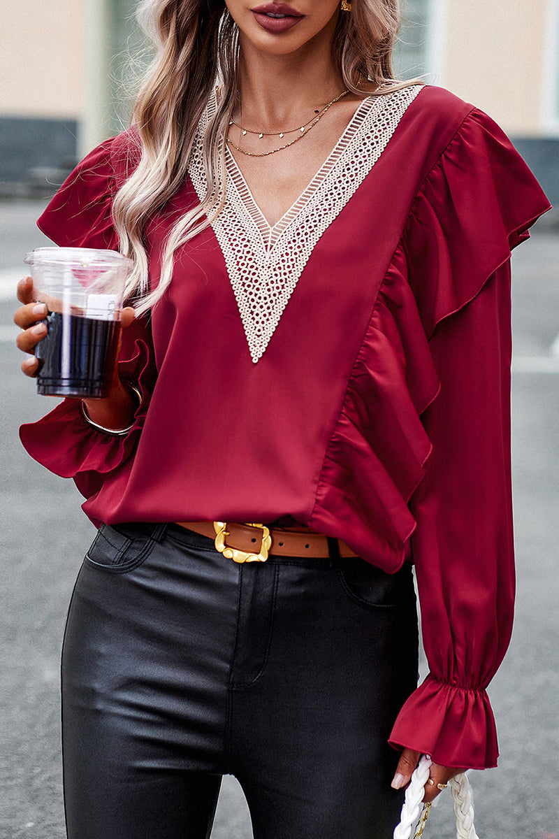 V-neck Lace Ruffle Sleeve Top