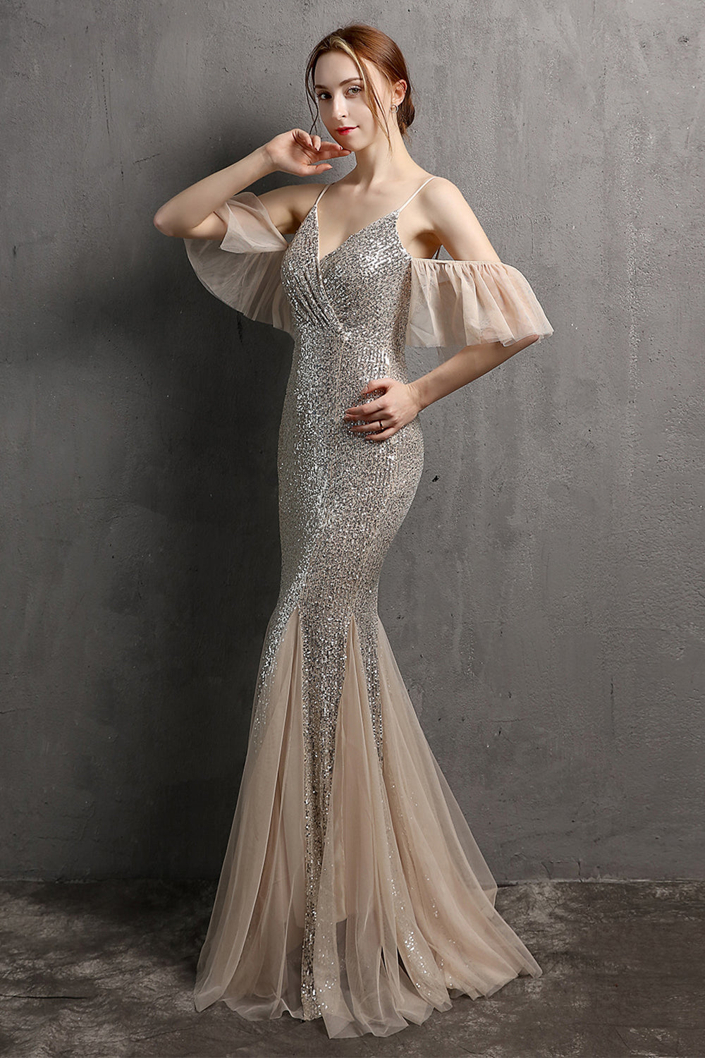 Champagne Sequin Long Prom Dress with Ruffles