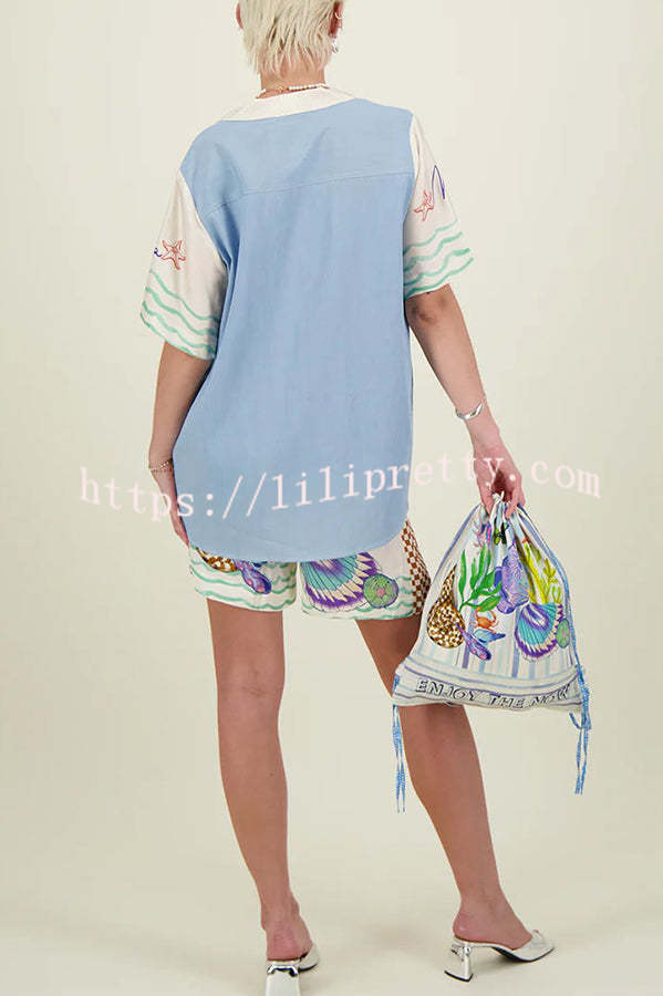 Coastal Seashell Satin Unique Print Pocket Loose Shirt and Elastic Waist Shorts Set - Fashionpara