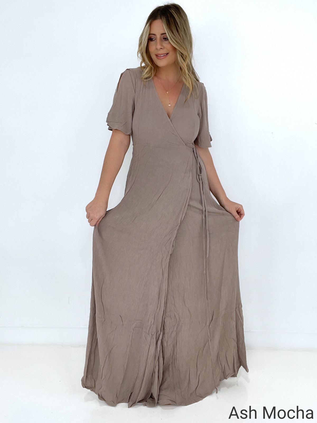 Zenana Woven Crinkle Gauze Wrap Tie Side Maxi Dress - Fashionpara