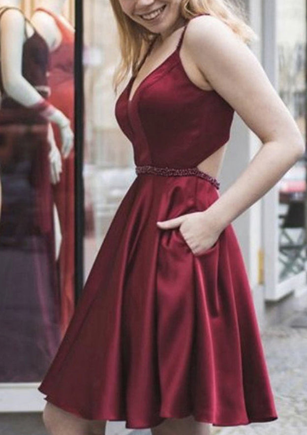 Fabulous A-Line V-Neck Sleeveless Satin Homecoming Dress