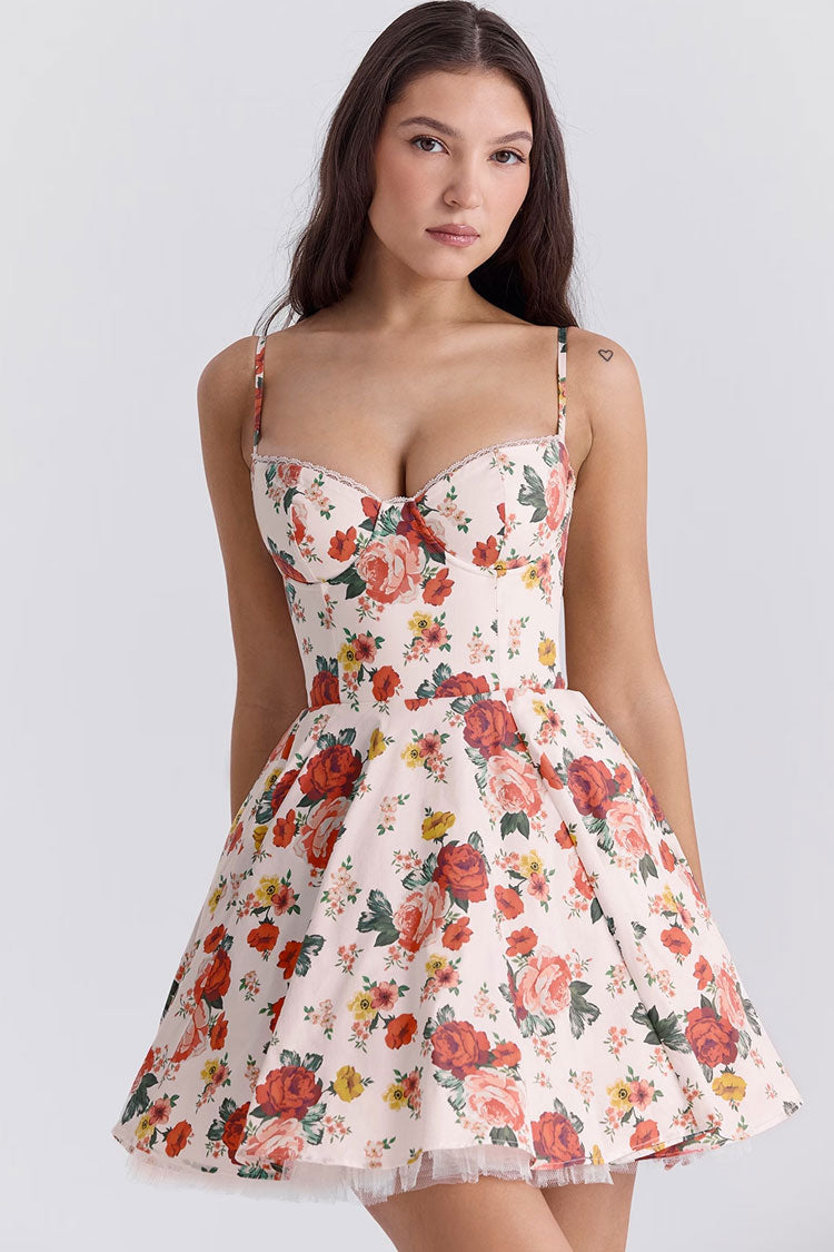 Fairy Floral Print Corset Bustier Fit & Flare Tulle Summer Party Mini Sundress