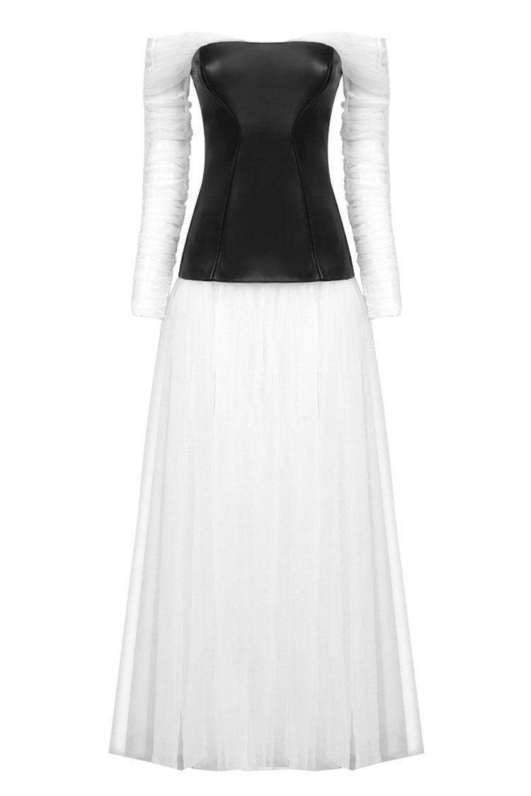 Fairy Off Shoulder Black and White Faux Leather Tulle Evening Maxi Dress - White - Fashionpara