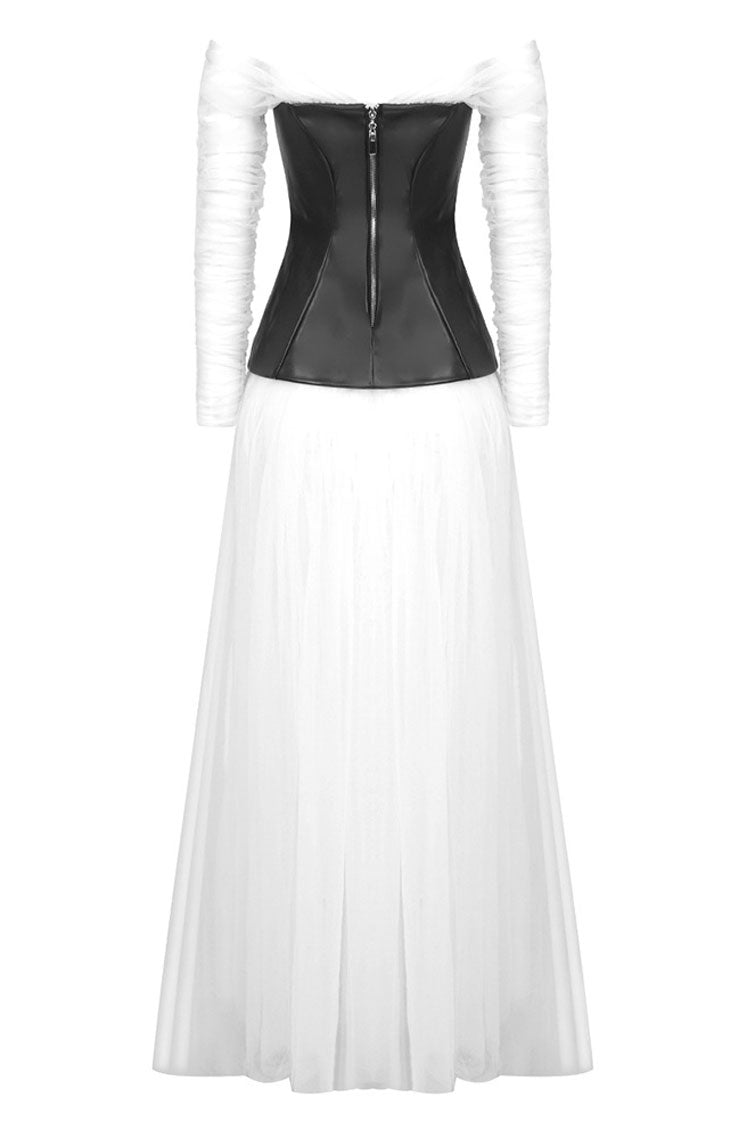 Fairy Off Shoulder Black and White Faux Leather Tulle Evening Maxi Dress - White - Fashionpara