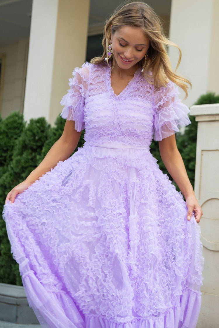 Fairy V Neck Flutter Sleeve Star Print Tulle Tiered Ruffle Maxi Gown Dress - Purple