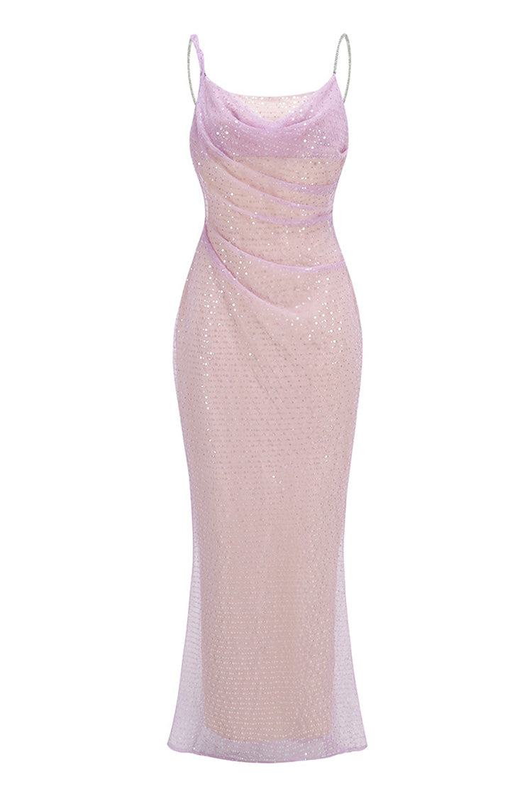 Fairytale Cowl Neck Crystal Strap Sequin Mesh Mermaid Evening Maxi Dress - Fashionpara