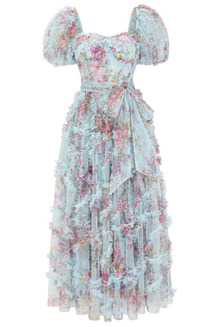 Fairytale Floral Tulle Puff Sleeve Bow Tie Layered Ruffle Maxi Gown Dress - Blue