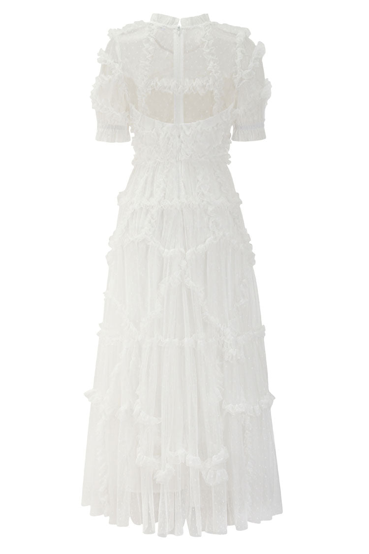 Fairytale Mock Neck Sleeved Dotted Tulle Tiered Ruffle Maxi Gown Dress - White