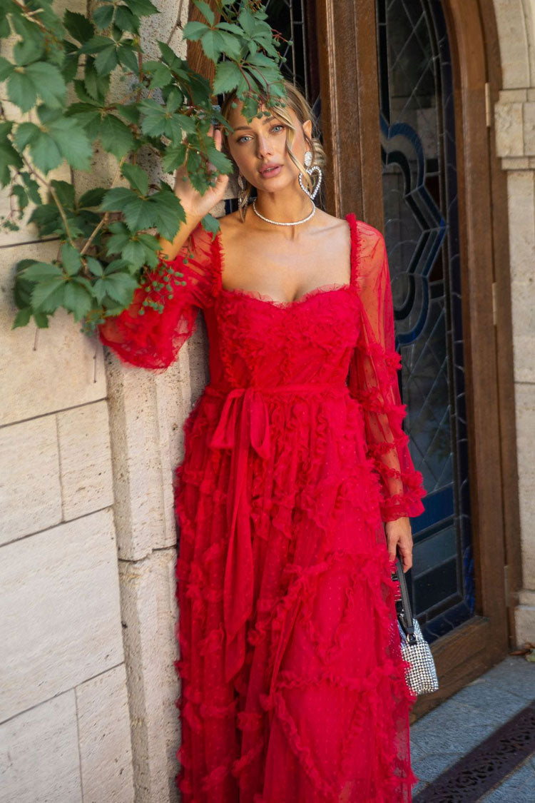 Fairytale Sweetheart Belted Dotted Tulle Layered Ruffle Maxi Gown Dress - Red