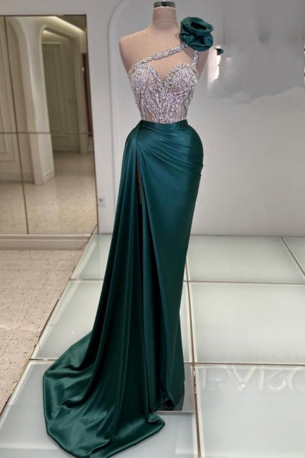 Fashionable Long Dark Green One Shoulder Jewel Sleeveless Prom Gown - Fashionpara