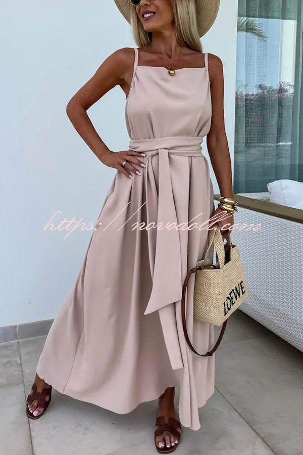 Long Story Solid Color Belted Pocket A-line Breathable Maxi Dress - Fashionpara