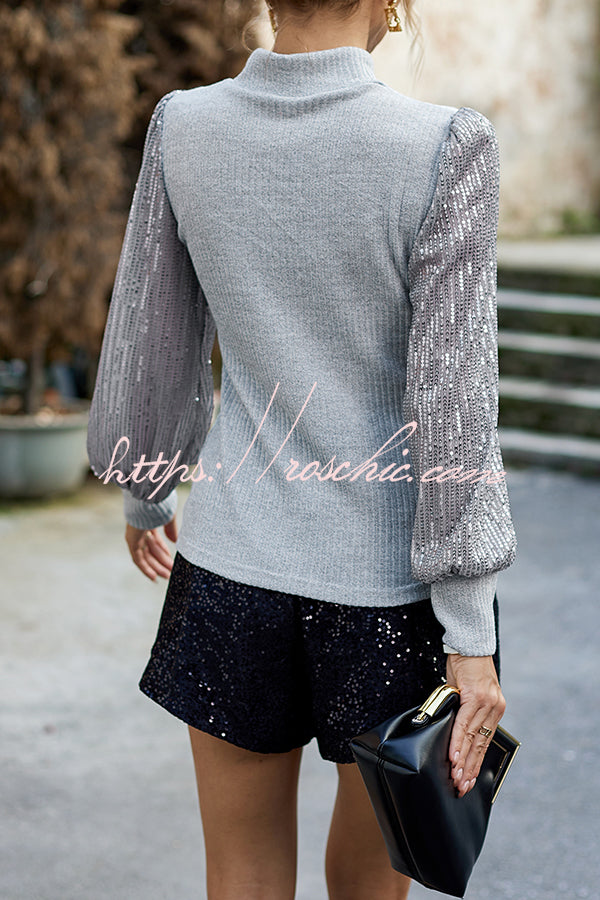 Sequined Paneled Knitted Long Sleeved Shirts