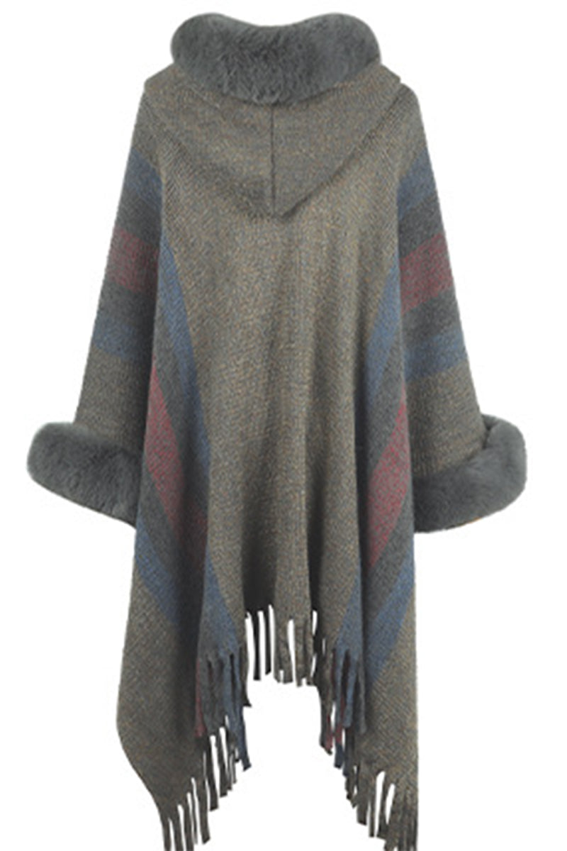 Hooded Multicolor Striped Fur Collar Fringed Knit Shawl Sweater