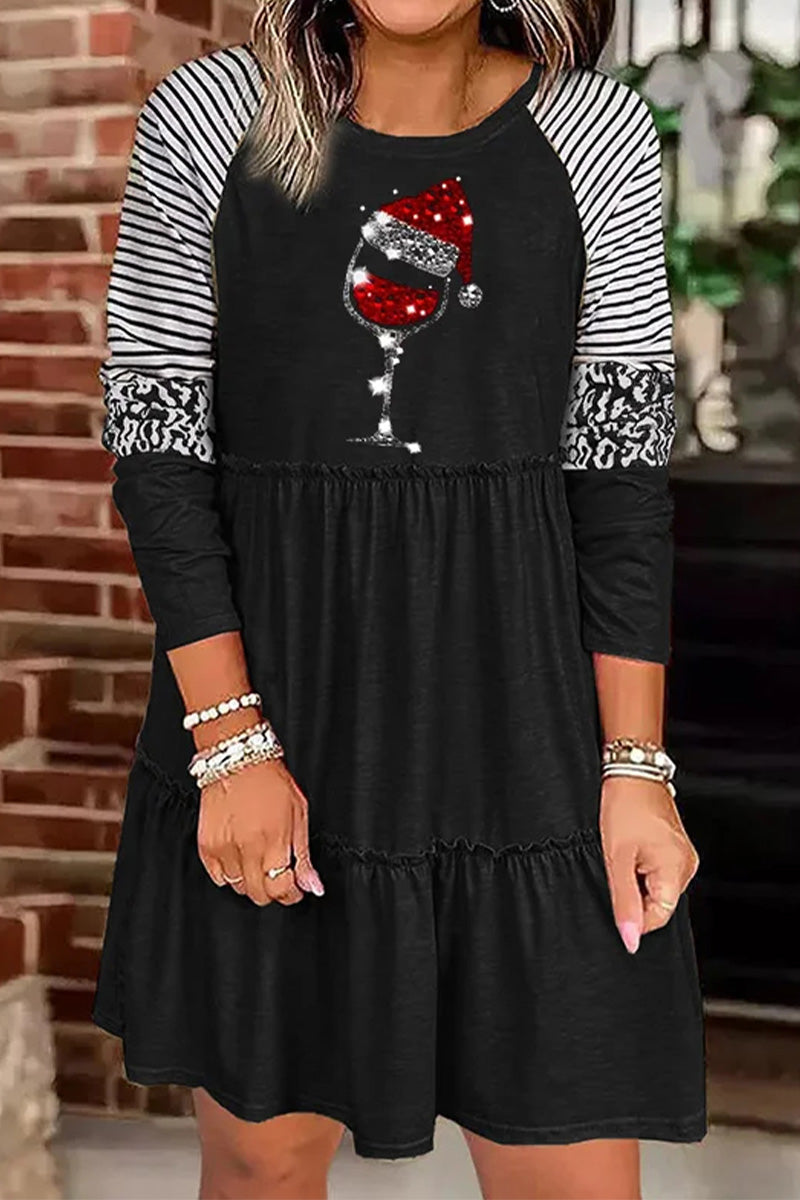 Christmas Wine Glass Print Long Sleeve Dress