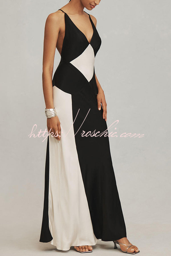 Extreme Elegance Satin Contrast Color V Neck Maxi Dress - Fashionpara